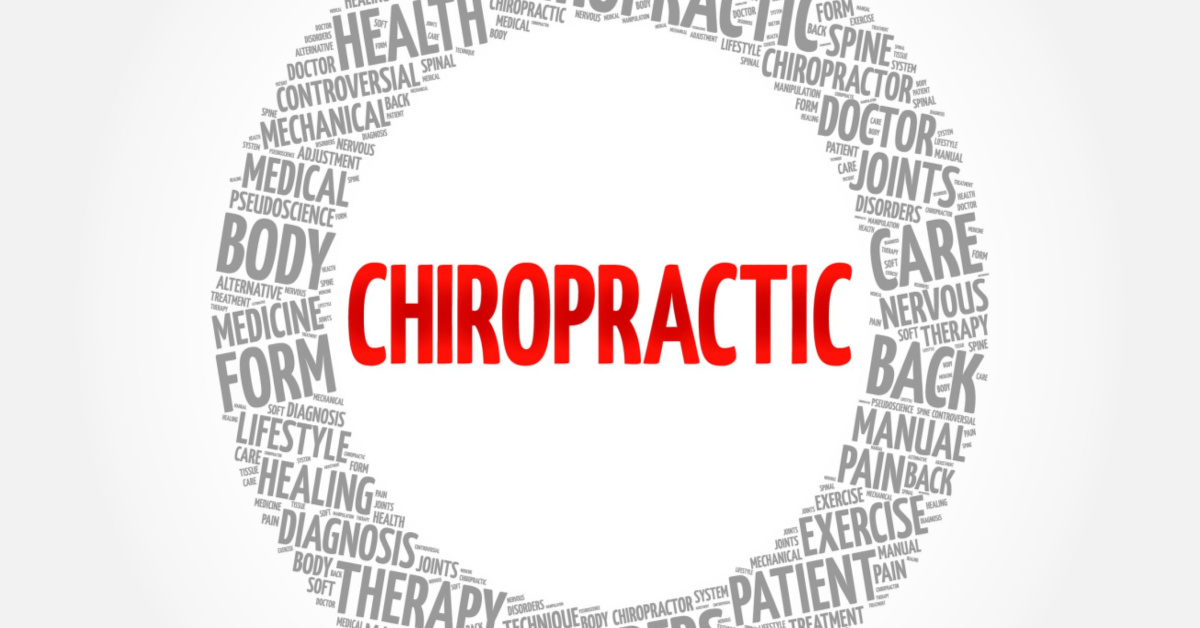 Image in which the word chiropractor is surrounded by additional health keywords related to the field. 1-800-ASK-GARY provides FREE 24/7 referrals to chiropractors near you.